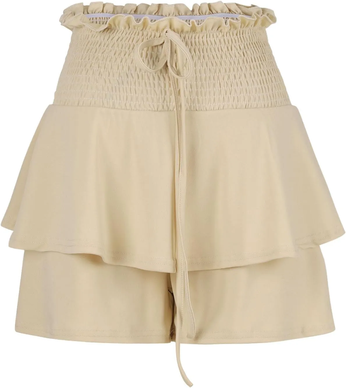 Women Flowy High Waisted Shorts Summer Casual Ruffle Double Layered Hem Skorts Smocked Waist Comfy Lounge Short Pants