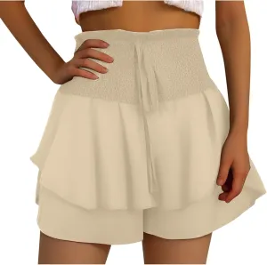 Women Flowy High Waisted Shorts Summer Casual Ruffle Double Layered Hem Skorts Smocked Waist Comfy Lounge Short Pants