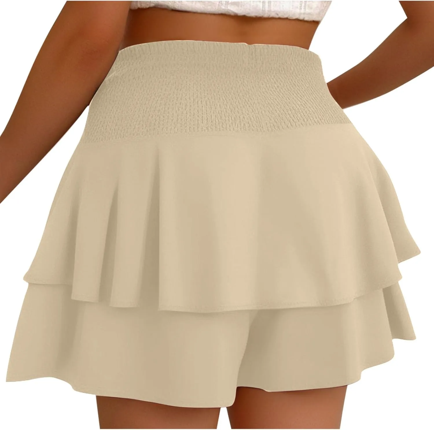 Women Flowy High Waisted Shorts Summer Casual Ruffle Double Layered Hem Skorts Smocked Waist Comfy Lounge Short Pants