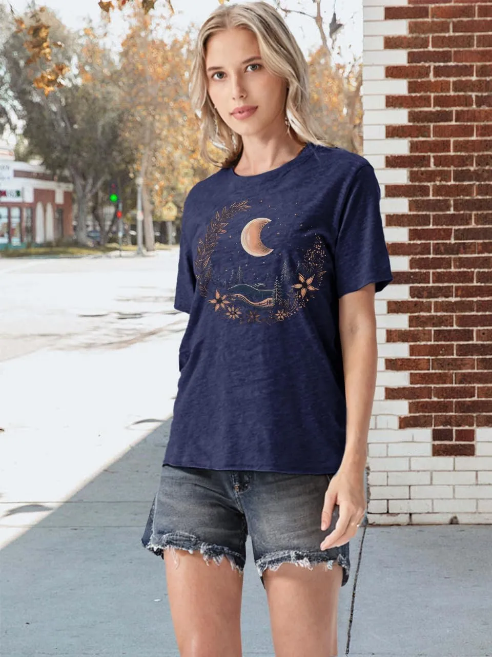 Women Graphic Tees Shirt Mystical Moon and Sunflower Shirt Short Sleeve Casual Celestial T Shirts