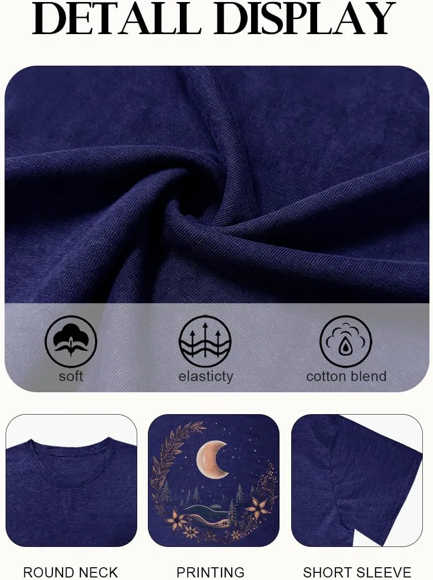 Women Graphic Tees Shirt Mystical Moon and Sunflower Shirt Short Sleeve Casual Celestial T Shirts
