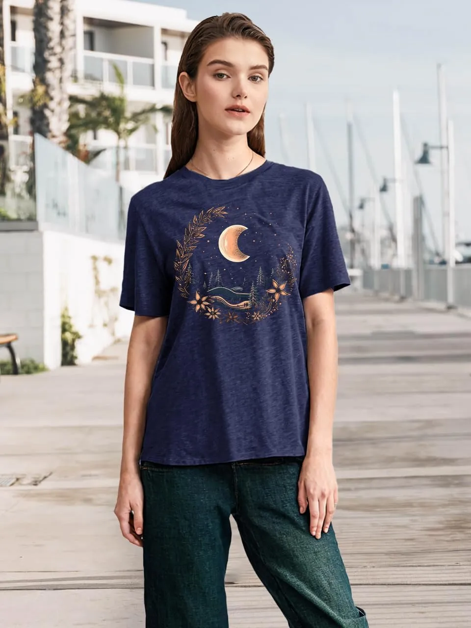 Women Graphic Tees Shirt Mystical Moon and Sunflower Shirt Short Sleeve Casual Celestial T Shirts