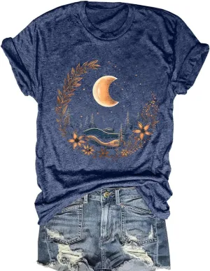 Women Graphic Tees Shirt Mystical Moon and Sunflower Shirt Short Sleeve Casual Celestial T Shirts