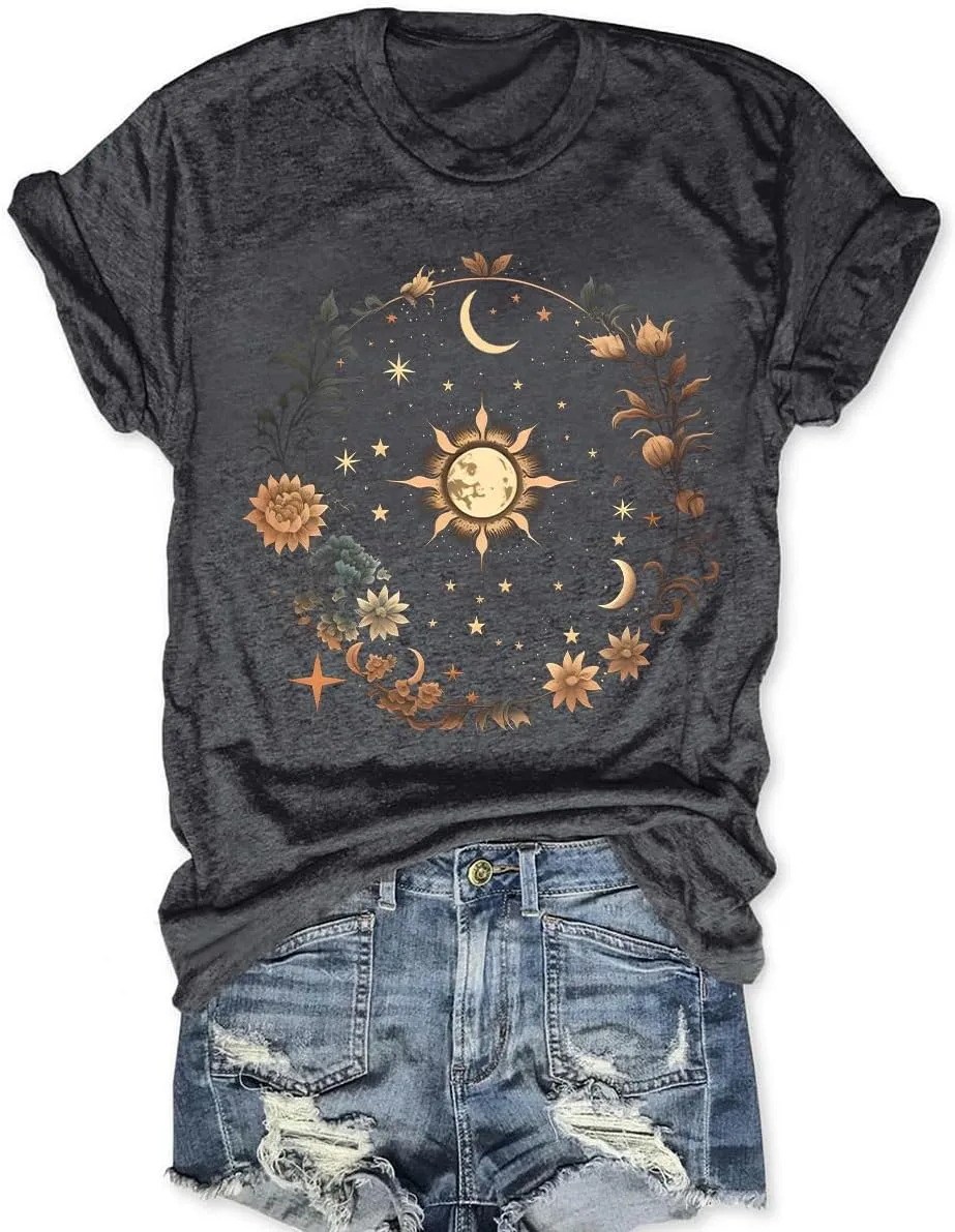 Women Graphic Tees Shirt Mystical Moon and Sunflower Shirt Short Sleeve Casual Celestial T Shirts
