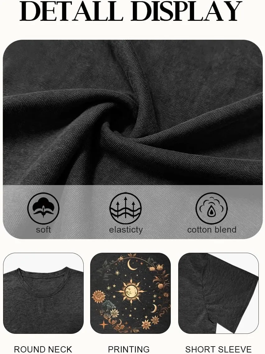 Women Graphic Tees Shirt Mystical Moon and Sunflower Shirt Short Sleeve Casual Celestial T Shirts