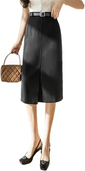 Women High Waist Midi Pencil Skirt Office Wear Wrap Skirts with Belt Solid Split Bodycon