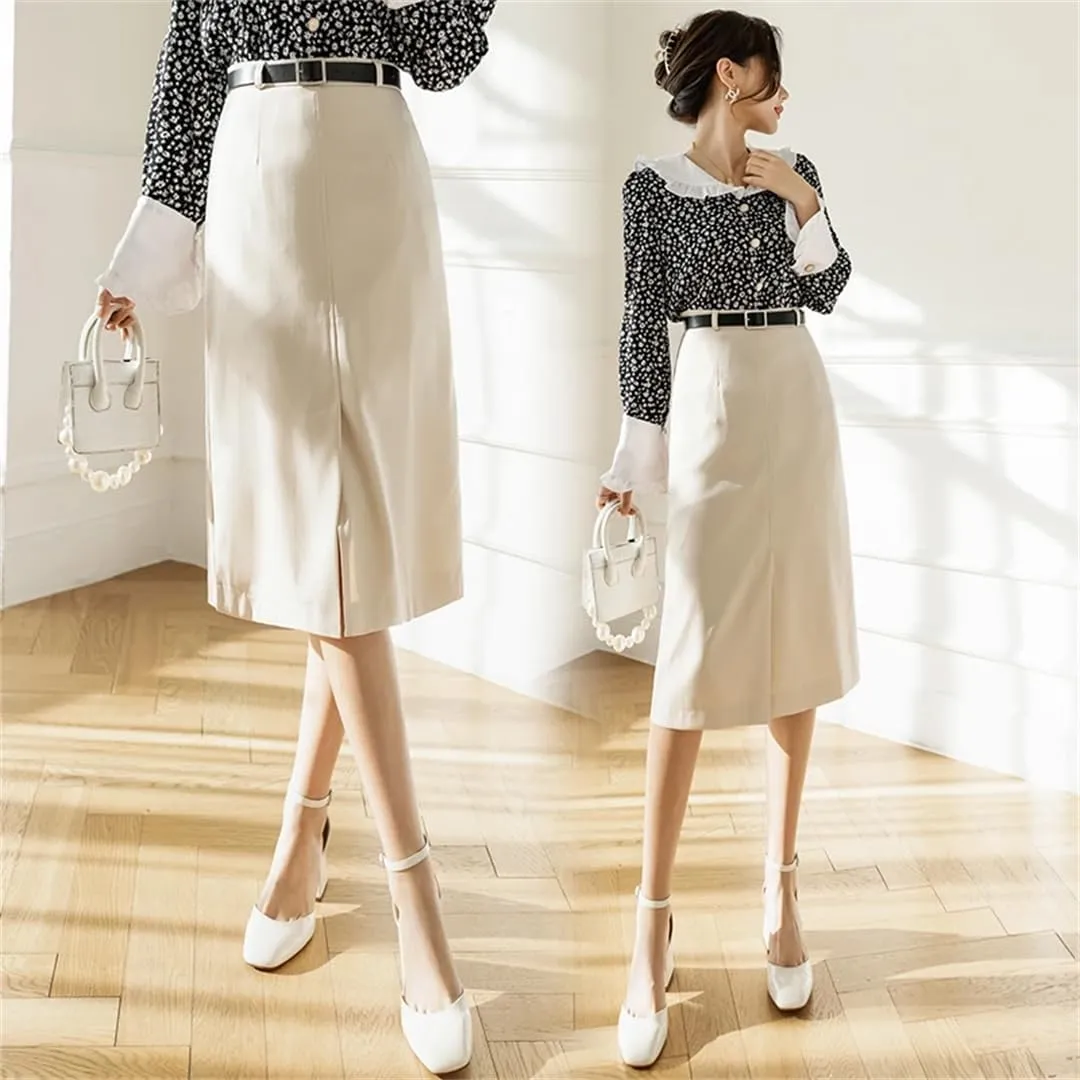 Women High Waist Midi Pencil Skirt Office Wear Wrap Skirts with Belt Solid Split Bodycon