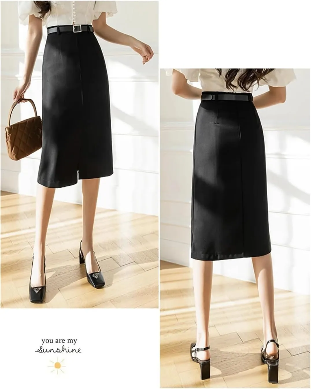 Women High Waist Midi Pencil Skirt Office Wear Wrap Skirts with Belt Solid Split Bodycon