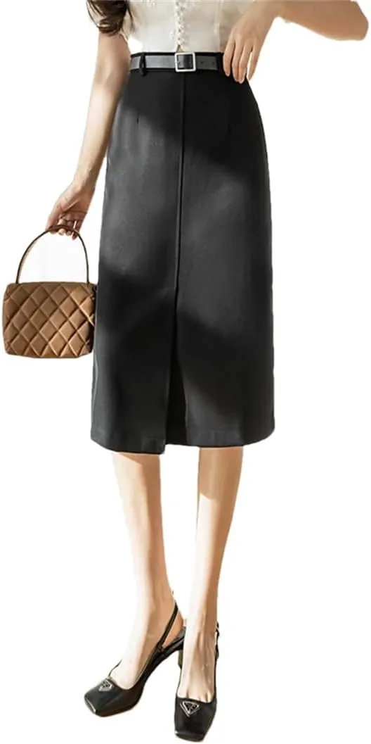 Women High Waist Midi Pencil Skirt Office Wear Wrap Skirts with Belt Solid Split Bodycon