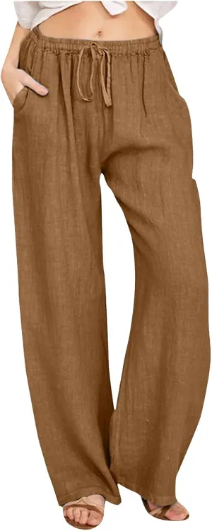 Women Linen Blend Summer Comfy Palazzo Lounge Pants Elastic Waisted Baggy Stretchy Loose Fit Pant Trousers