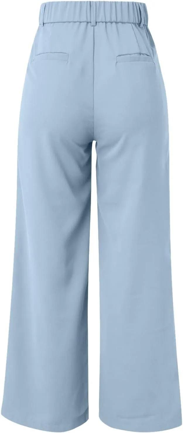 Women Linen Blend Summer Comfy Pant Trousers Elastic Waisted Wide Leg Slim Fit Palazzo Pants Vacation