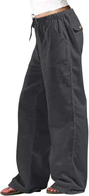 Women Linen Summer Comfy Palazzo Pants High Waist Wide Leg Slim-Fit Trousers Travel