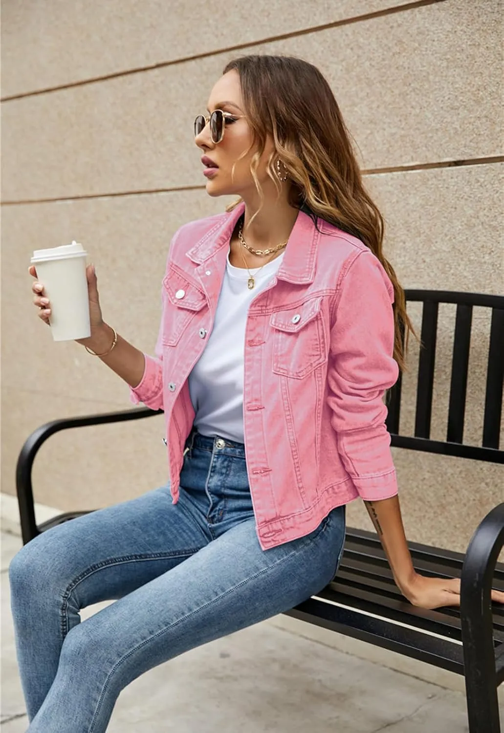 Women 's Basic Denim Jacket Casual Long Sleeve Button Down Stretchy Jean Jacket Coat
