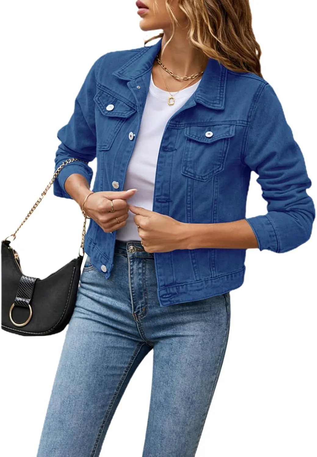 Women 's Basic Denim Jacket Casual Long Sleeve Button Down Stretchy Jean Jacket Coat