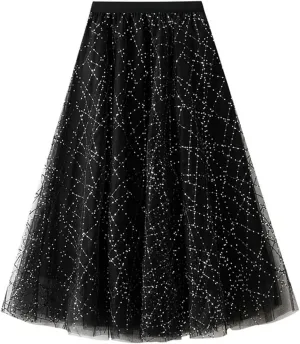 Women 'S Casual High Waist Sequined Pleated Large Hem A- Line Mesh Skirt Midi Skirt
