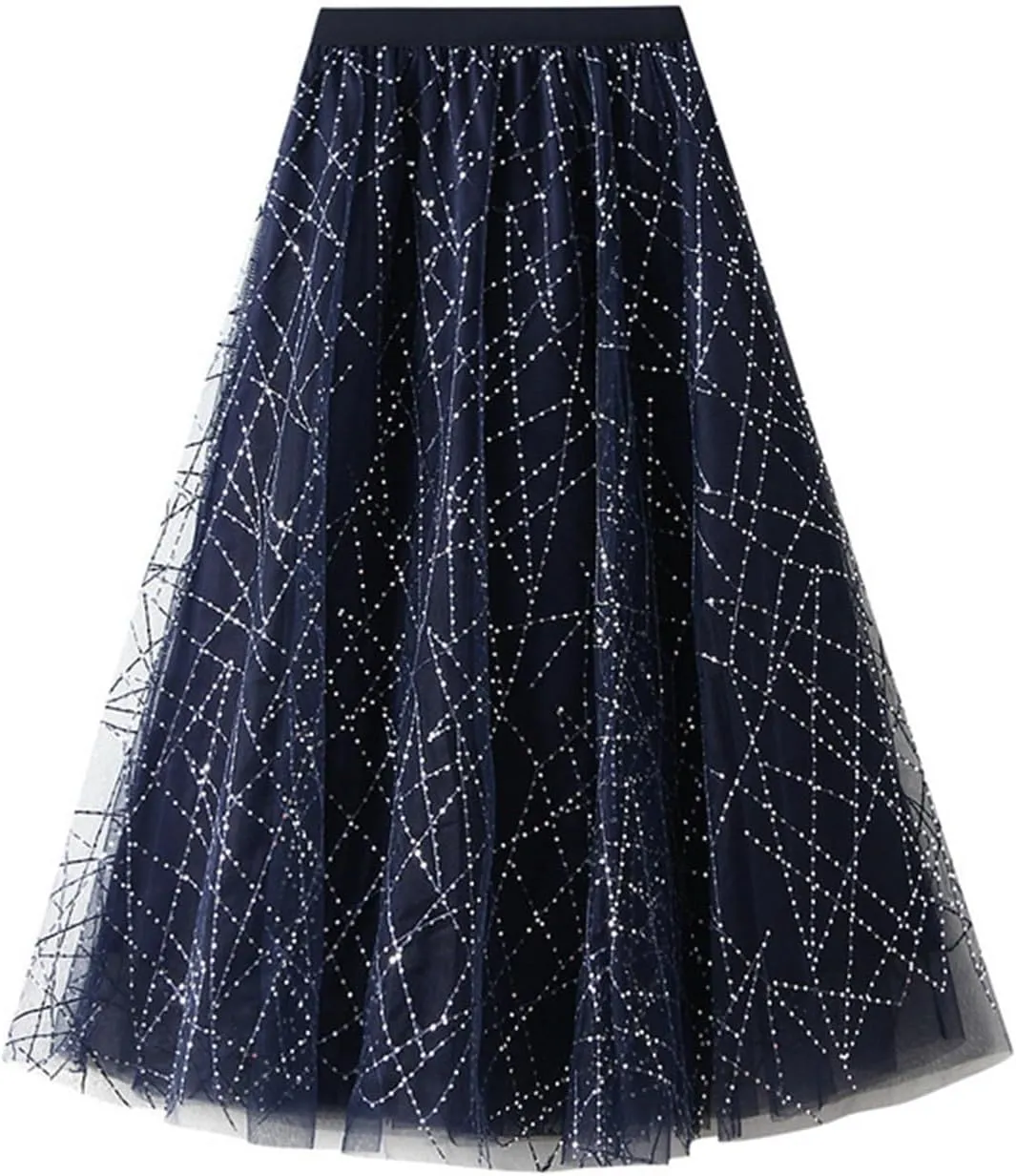 Women 'S Casual High Waist Sequined Pleated Large Hem A- Line Mesh Skirt Midi Skirt