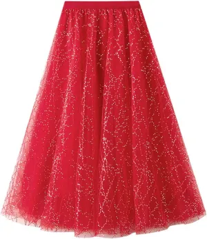 Women 'S Casual High Waist Sequined Pleated Large Hem A- Line Mesh Skirt Midi Skirt