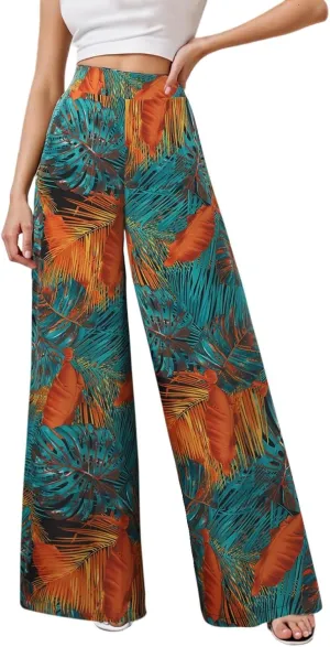 Women Summer Boho Palazzo Pants High Waist Wide Leg Floral Casual Cotton Lounge Trousers with Pockets