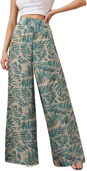 Women Summer Boho Palazzo Pants High Waist Wide Leg Floral Casual Cotton Lounge Trousers with Pockets
