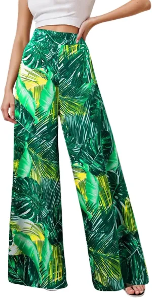 Women Summer Boho Palazzo Pants High Waist Wide Leg Floral Casual Cotton Lounge Trousers with Pockets