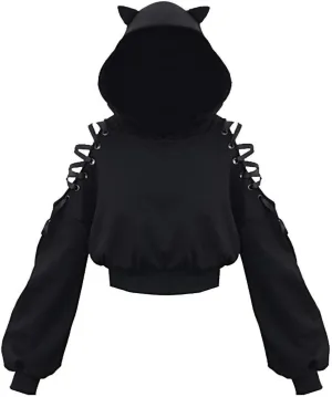 Women Y2k Hoodies, Womens Long Sleeve Cute Cat Ear Pullover Hoodie Crop Top Gothic Cold Shoulder Lace Up Sweatshirt