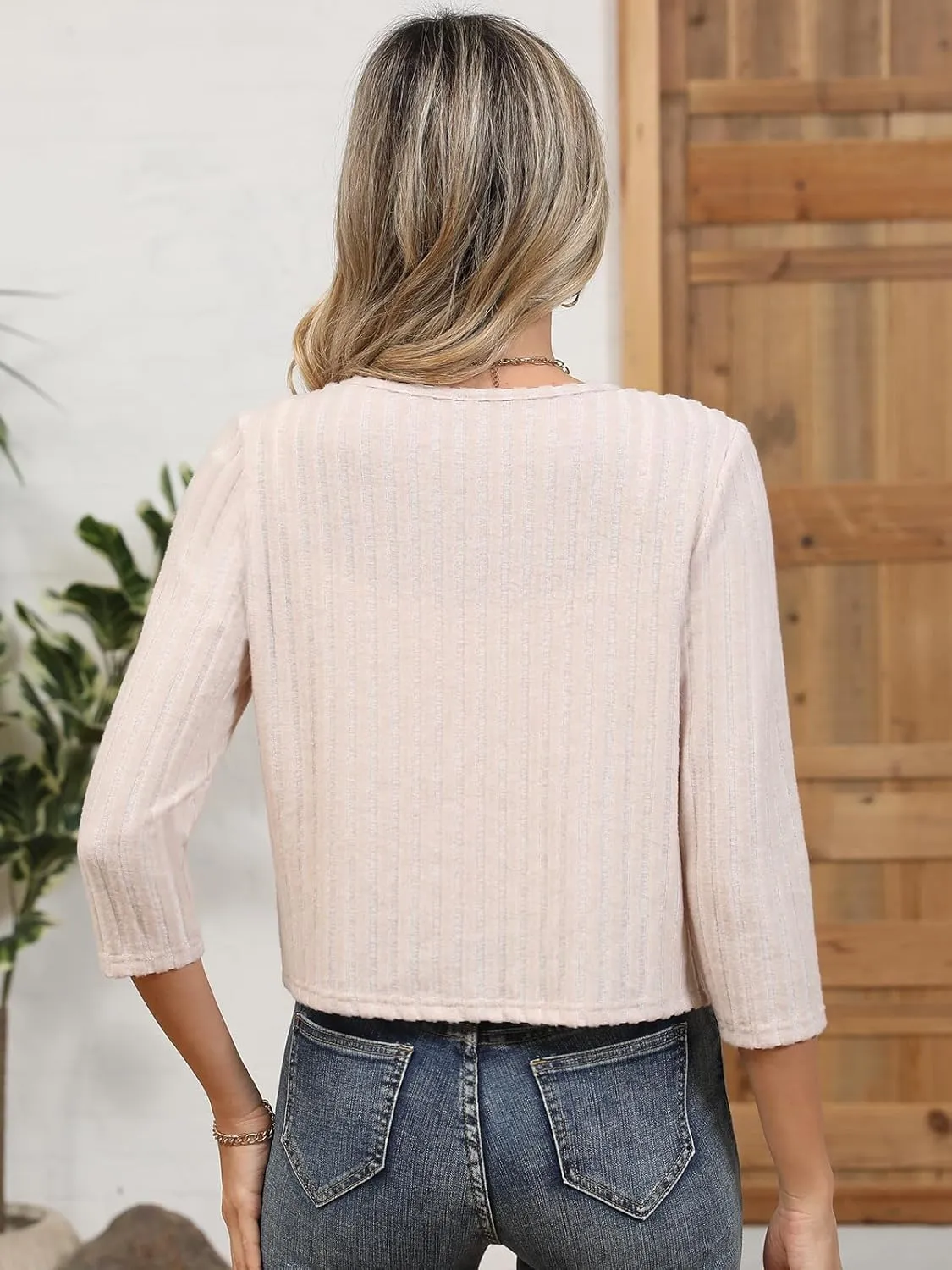 Women's 3/4 Sleeve Crew Neck Bolero Shrug Cropped Cardigans Sweaters Button Down Open Front for Dresses