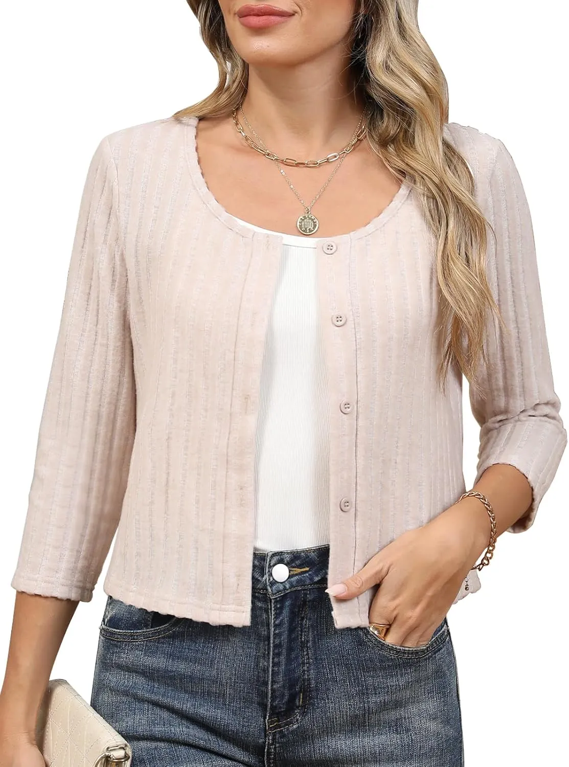 Women's 3/4 Sleeve Crew Neck Bolero Shrug Cropped Cardigans Sweaters Button Down Open Front for Dresses