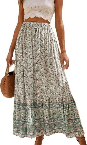 Women's Boho Floral Long Maxi Skirt Casual Summer Pleated Elastic High Waist Split Vacation Skirts