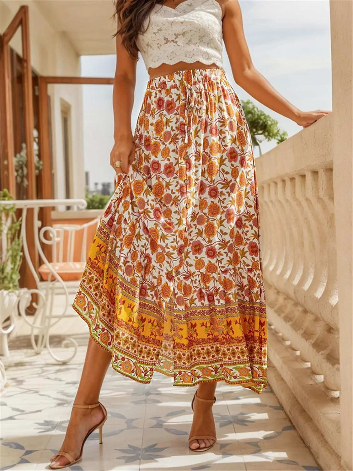 Women's Boho Floral Long Maxi Skirt Casual Summer Pleated Elastic High Waist Split Vacation Skirts