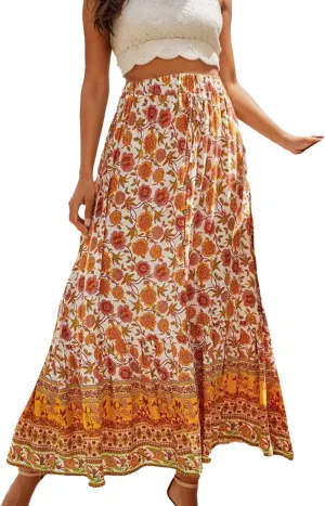 Women's Boho Floral Long Maxi Skirt Casual Summer Pleated Elastic High Waist Split Vacation Skirts