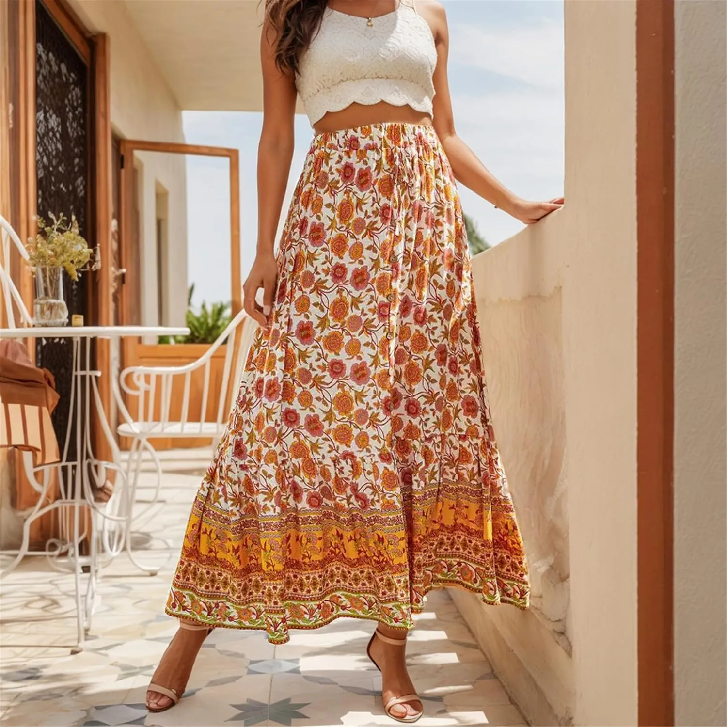 Women's Boho Floral Long Maxi Skirt Casual Summer Pleated Elastic High Waist Split Vacation Skirts