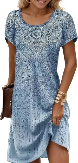 Womens Boho Summer Midi Dresses Floral Short Sleeve Crewneck Casual Loose Beach Vacation Sundresses
