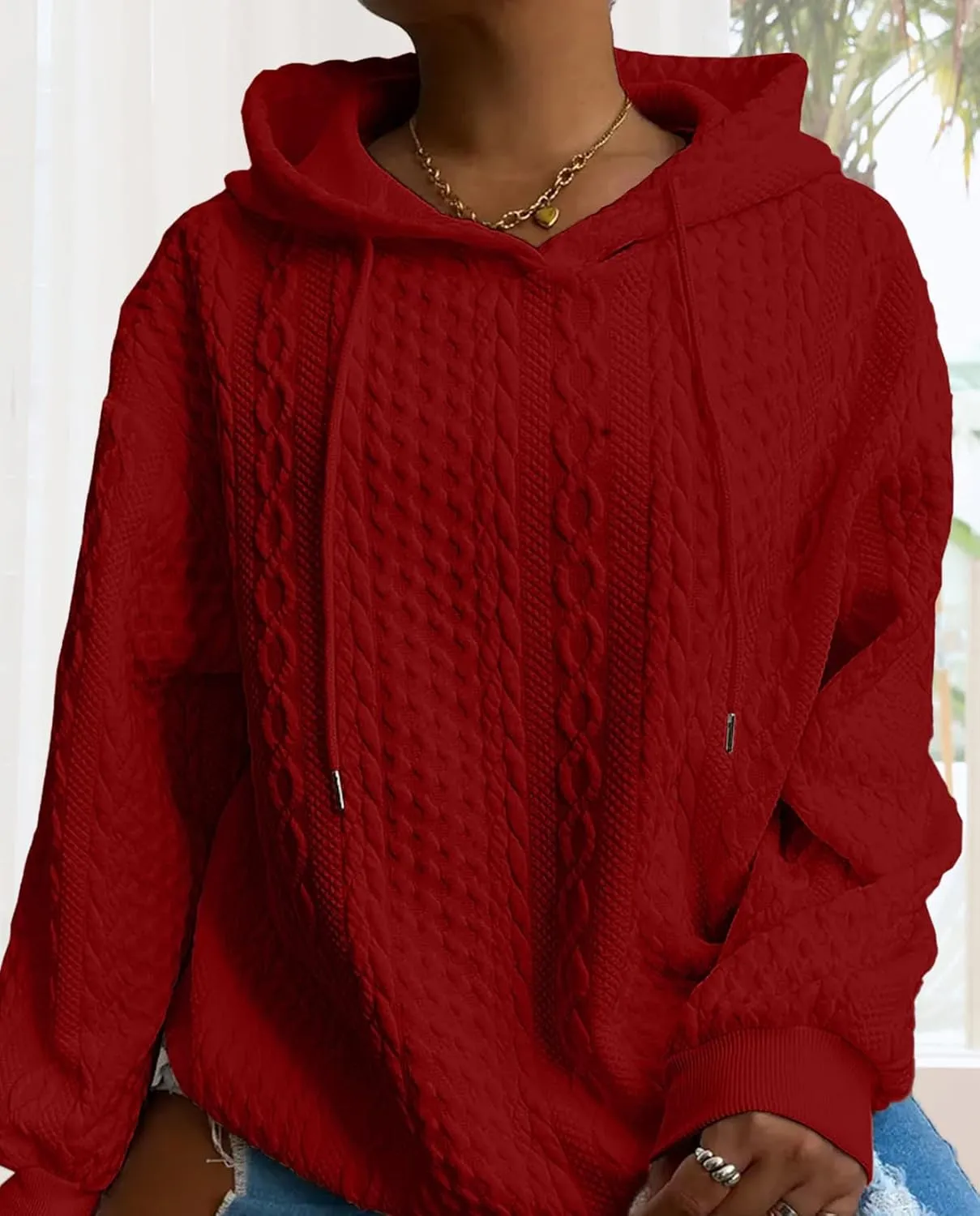 Women's Cable Knitted Hoodies Drawstring Long Sleeve Hooded Sweatshirt Casual Oversized Chunky Sweaters for Women