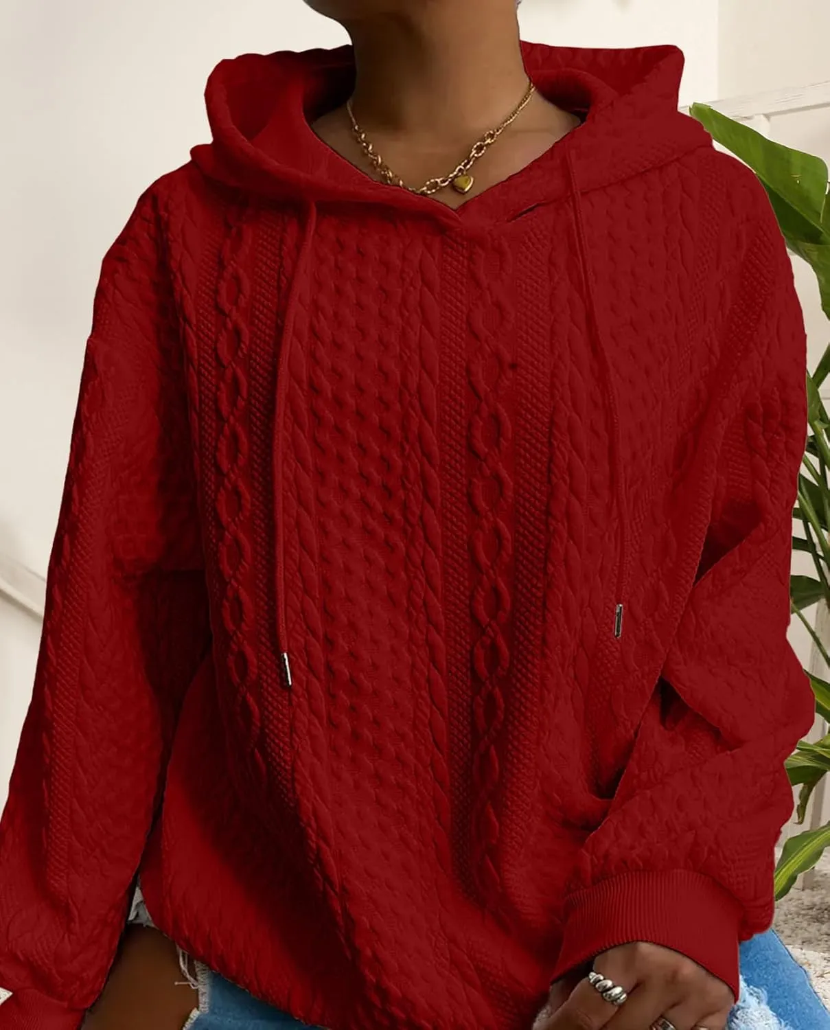 Women's Cable Knitted Hoodies Drawstring Long Sleeve Hooded Sweatshirt Casual Oversized Chunky Sweaters for Women