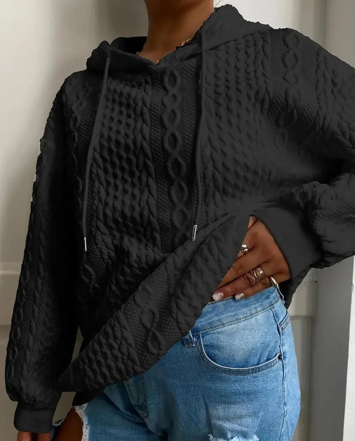 Women's Cable Knitted Hoodies Drawstring Long Sleeve Hooded Sweatshirt Casual Oversized Chunky Sweaters for Women