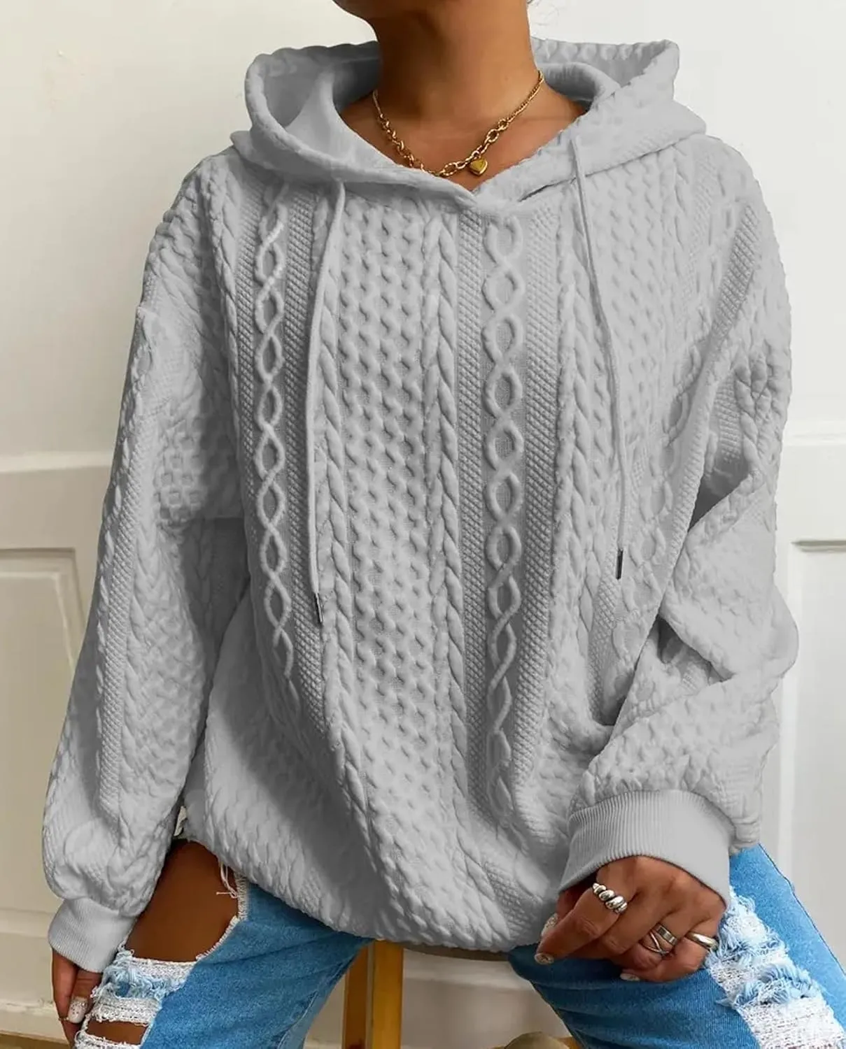 Women's Cable Knitted Hoodies Drawstring Long Sleeve Hooded Sweatshirt Casual Oversized Chunky Sweaters for Women