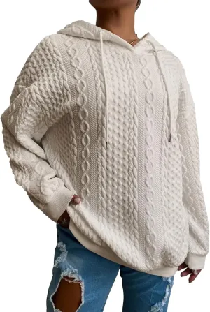 Women's Cable Knitted Hoodies Drawstring Long Sleeve Hooded Sweatshirt Casual Oversized Chunky Sweaters for Women