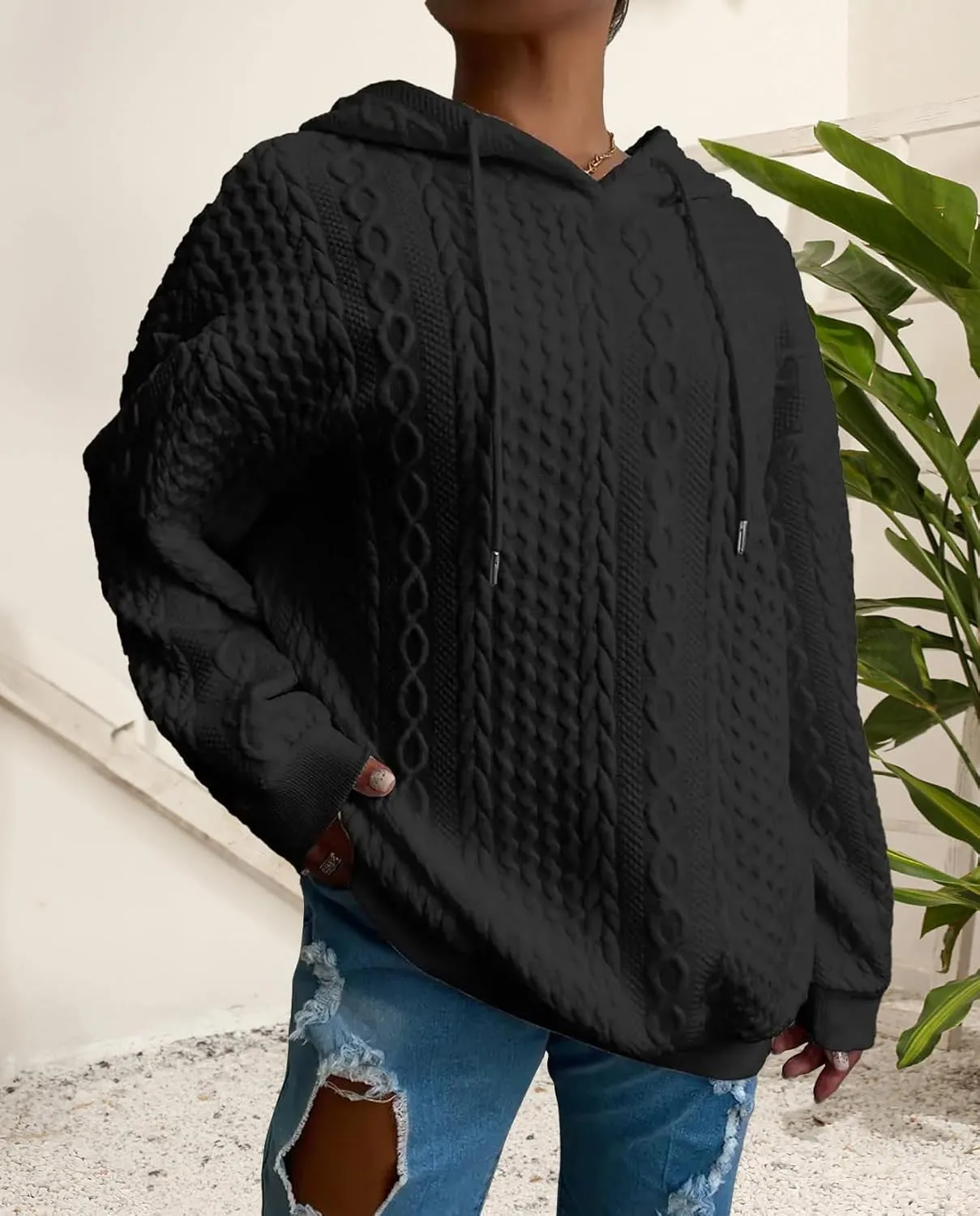 Women's Cable Knitted Hoodies Drawstring Long Sleeve Hooded Sweatshirt Casual Oversized Chunky Sweaters for Women