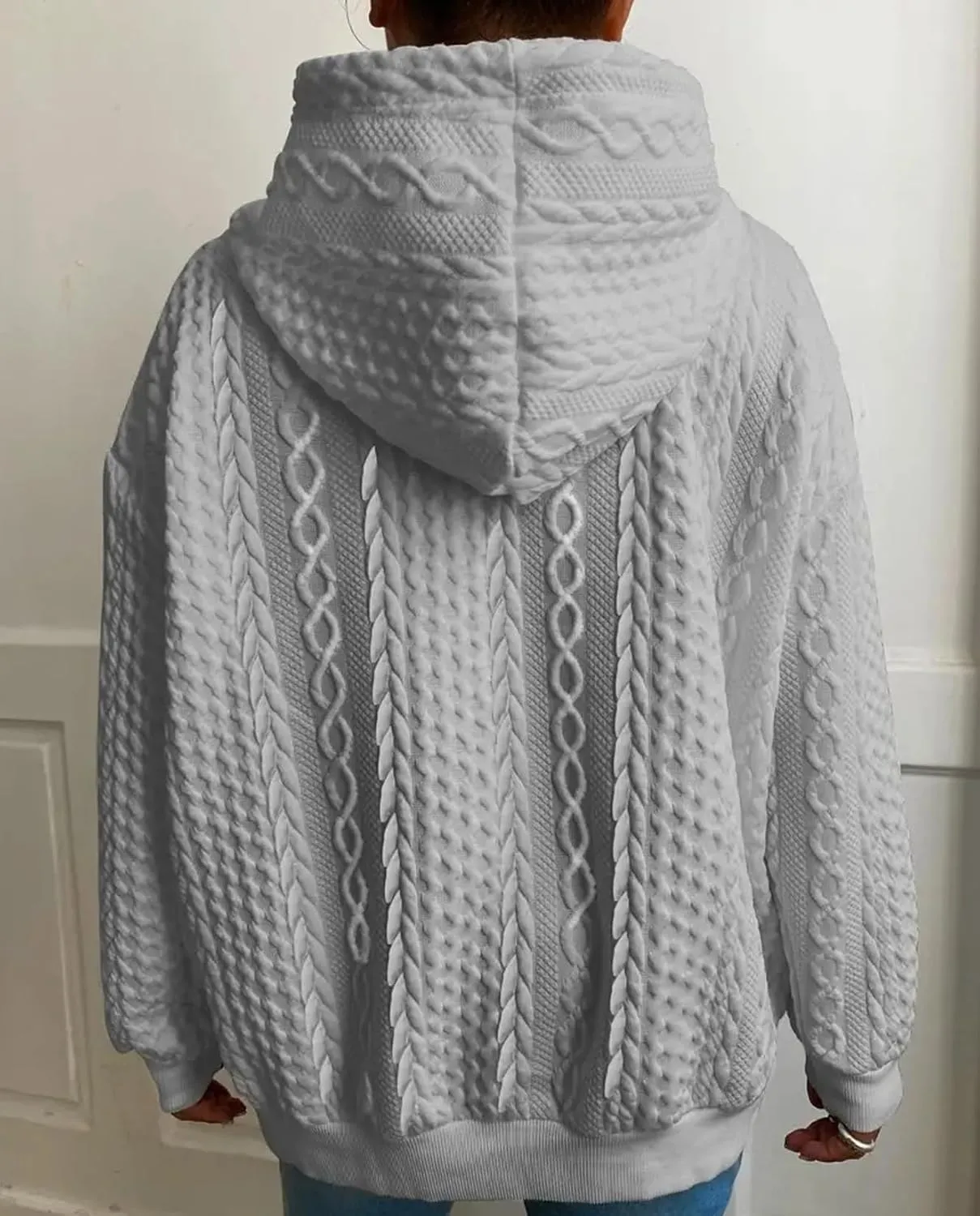 Women's Cable Knitted Hoodies Drawstring Long Sleeve Hooded Sweatshirt Casual Oversized Chunky Sweaters for Women