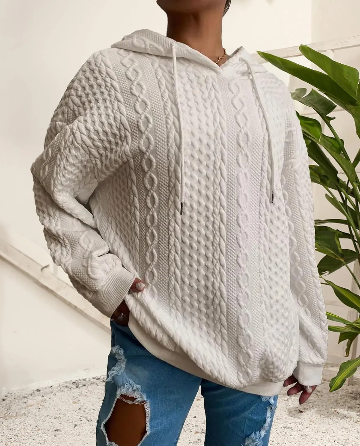Women's Cable Knitted Hoodies Drawstring Long Sleeve Hooded Sweatshirt Casual Oversized Chunky Sweaters for Women
