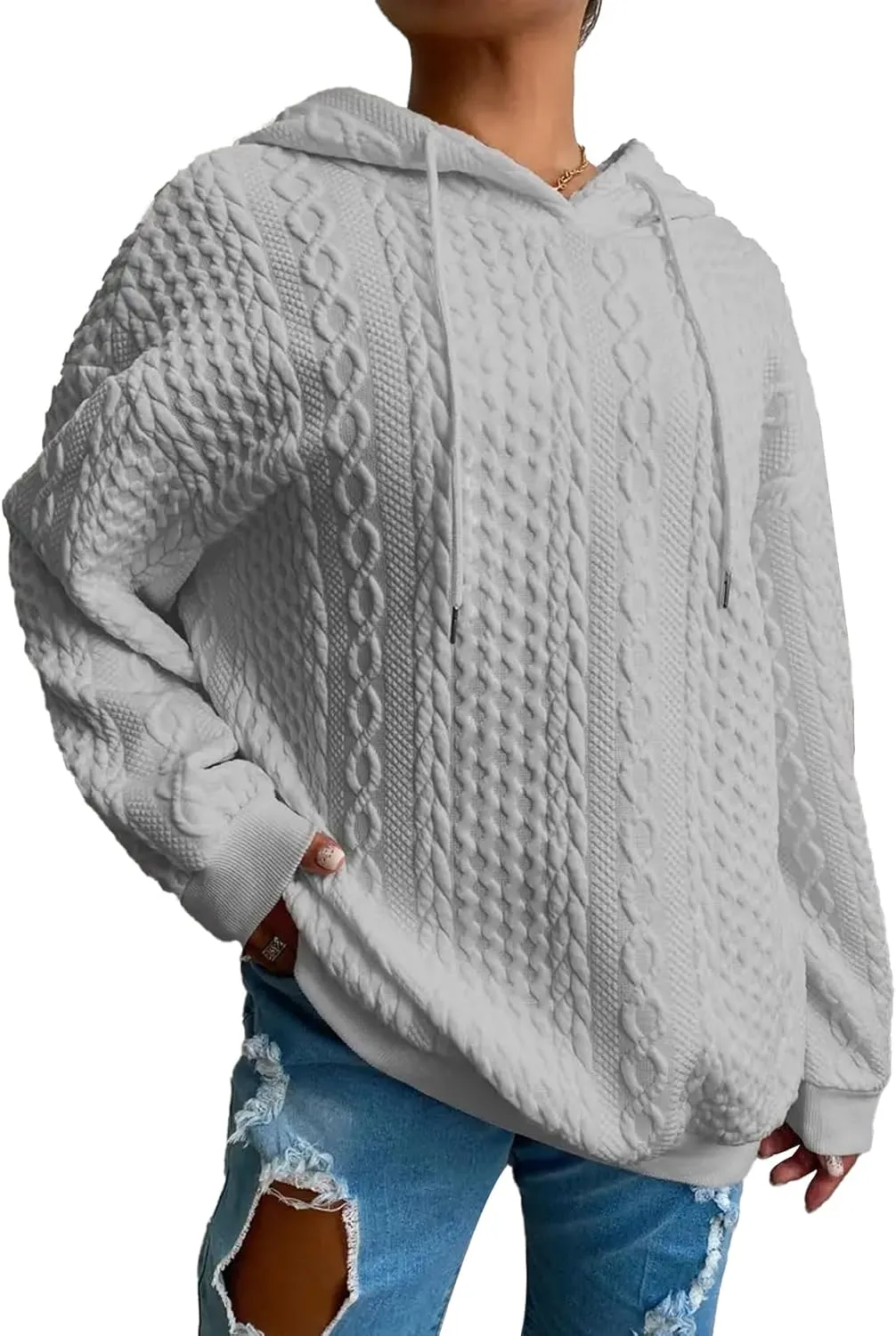 Women's Cable Knitted Hoodies Drawstring Long Sleeve Hooded Sweatshirt Casual Oversized Chunky Sweaters for Women