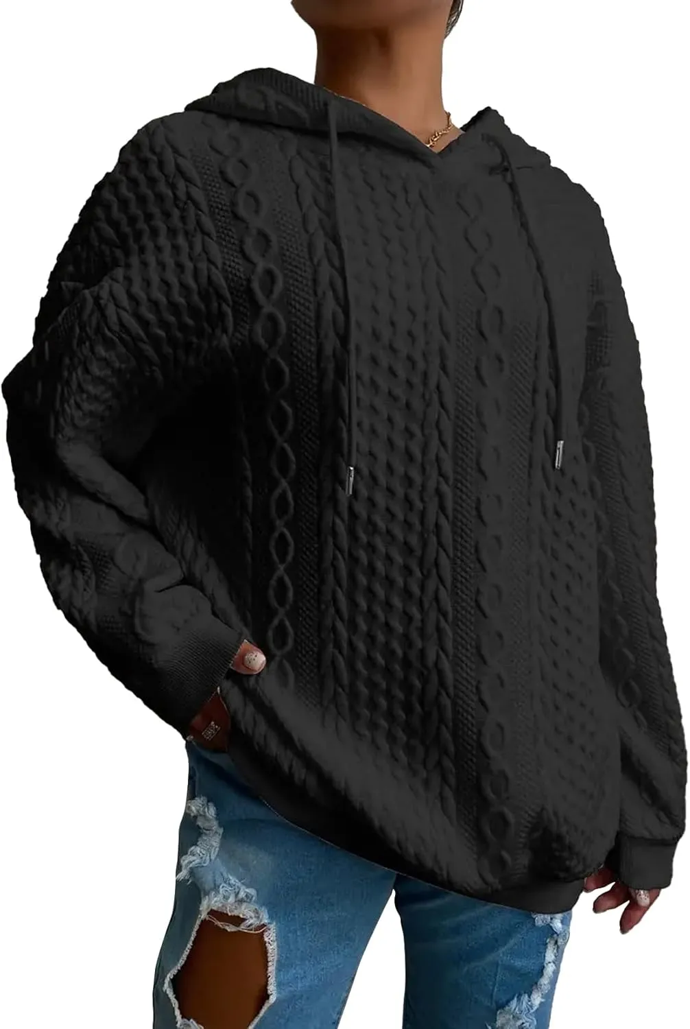 Women's Cable Knitted Hoodies Drawstring Long Sleeve Hooded Sweatshirt Casual Oversized Chunky Sweaters for Women