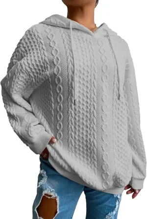 Women's Cable Knitted Hoodies Drawstring Long Sleeve Hooded Sweatshirt Casual Oversized Chunky Sweaters for Women
