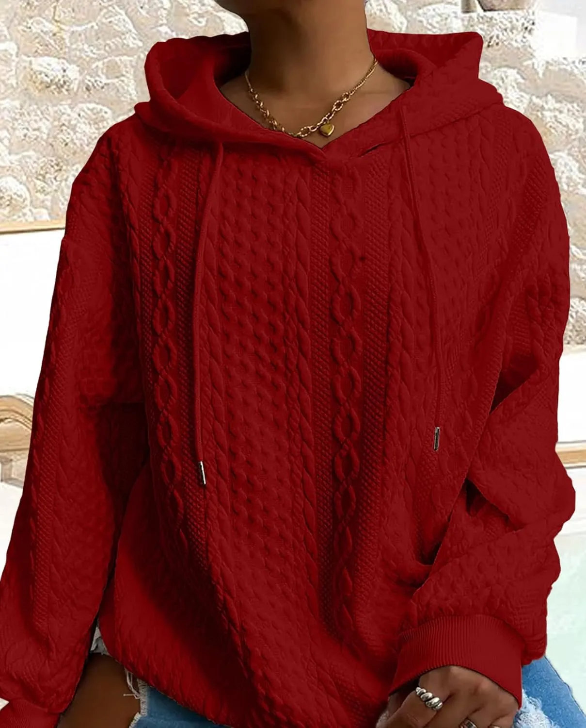 Women's Cable Knitted Hoodies Drawstring Long Sleeve Hooded Sweatshirt Casual Oversized Chunky Sweaters for Women