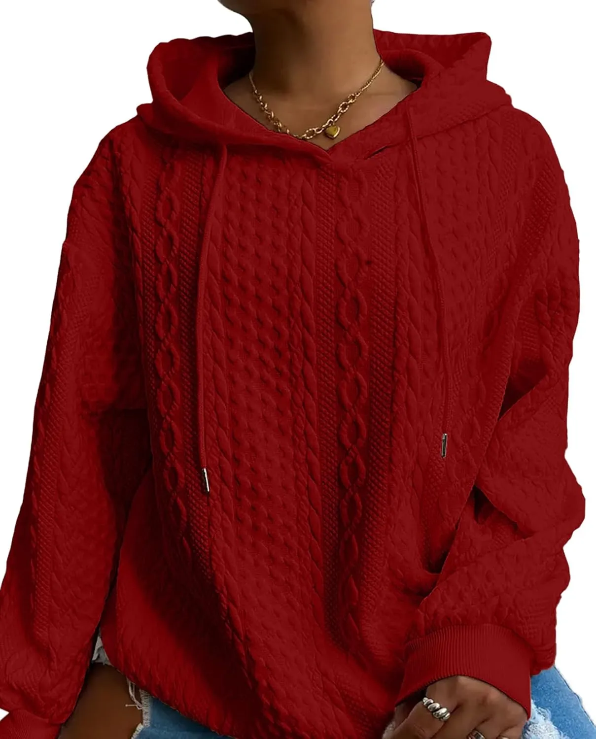 Women's Cable Knitted Hoodies Drawstring Long Sleeve Hooded Sweatshirt Casual Oversized Chunky Sweaters for Women