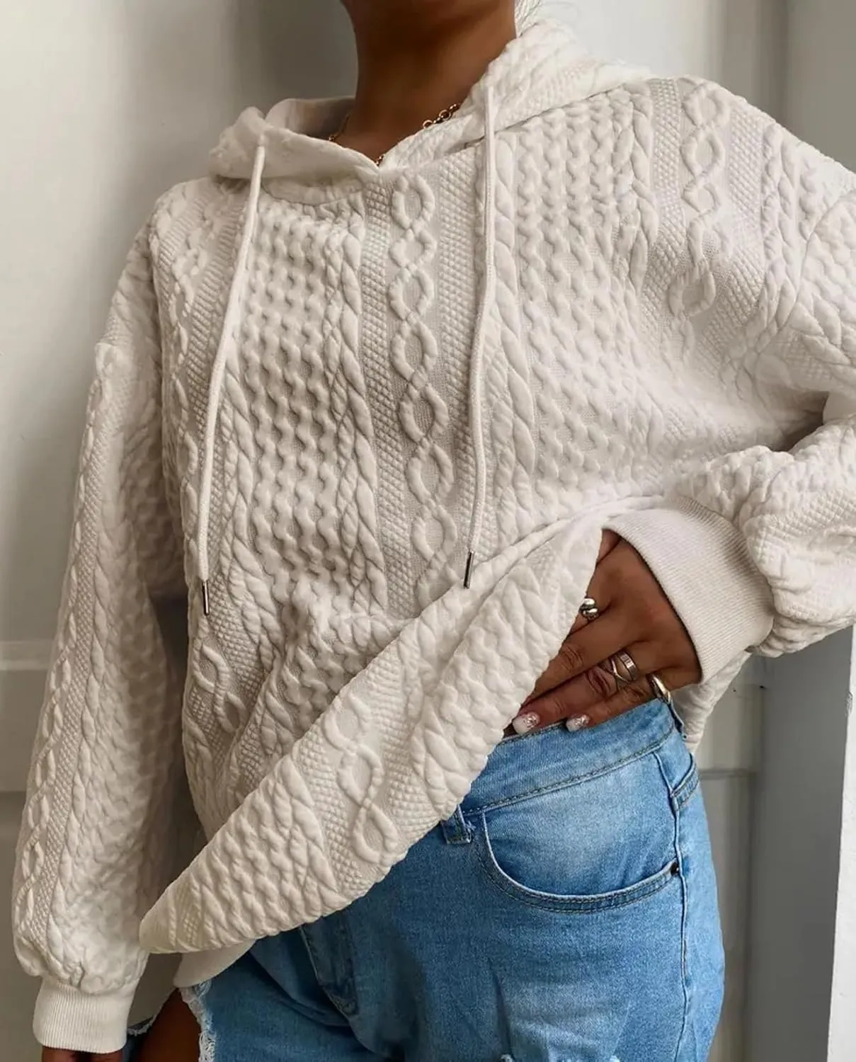 Women's Cable Knitted Hoodies Drawstring Long Sleeve Hooded Sweatshirt Casual Oversized Chunky Sweaters for Women