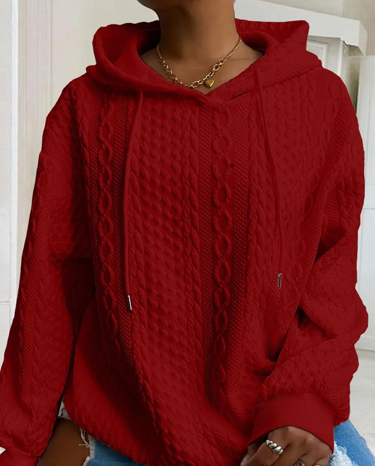 Women's Cable Knitted Hoodies Drawstring Long Sleeve Hooded Sweatshirt Casual Oversized Chunky Sweaters for Women
