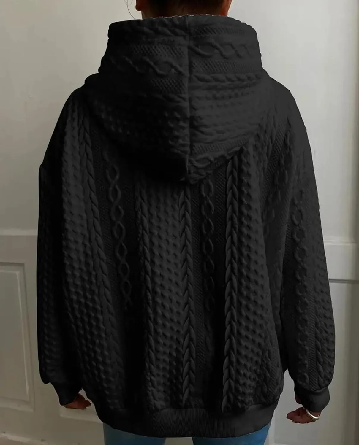 Women's Cable Knitted Hoodies Drawstring Long Sleeve Hooded Sweatshirt Casual Oversized Chunky Sweaters for Women