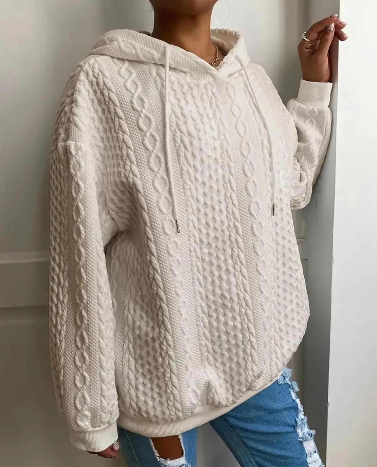 Women's Cable Knitted Hoodies Drawstring Long Sleeve Hooded Sweatshirt Casual Oversized Chunky Sweaters for Women