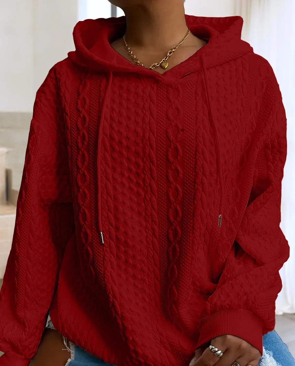 Women's Cable Knitted Hoodies Drawstring Long Sleeve Hooded Sweatshirt Casual Oversized Chunky Sweaters for Women
